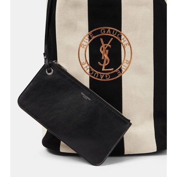 SAINT LAURENT Rive Gauche Sling Backpack Black White Striped Canvas Drawstring - Picture 4 of 16
